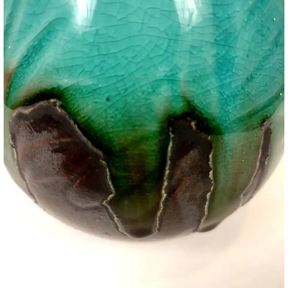 Vintage Art Pottery Drip Glaze Vase w Dragonfly’s Brown Turquoise 71/4” MCM